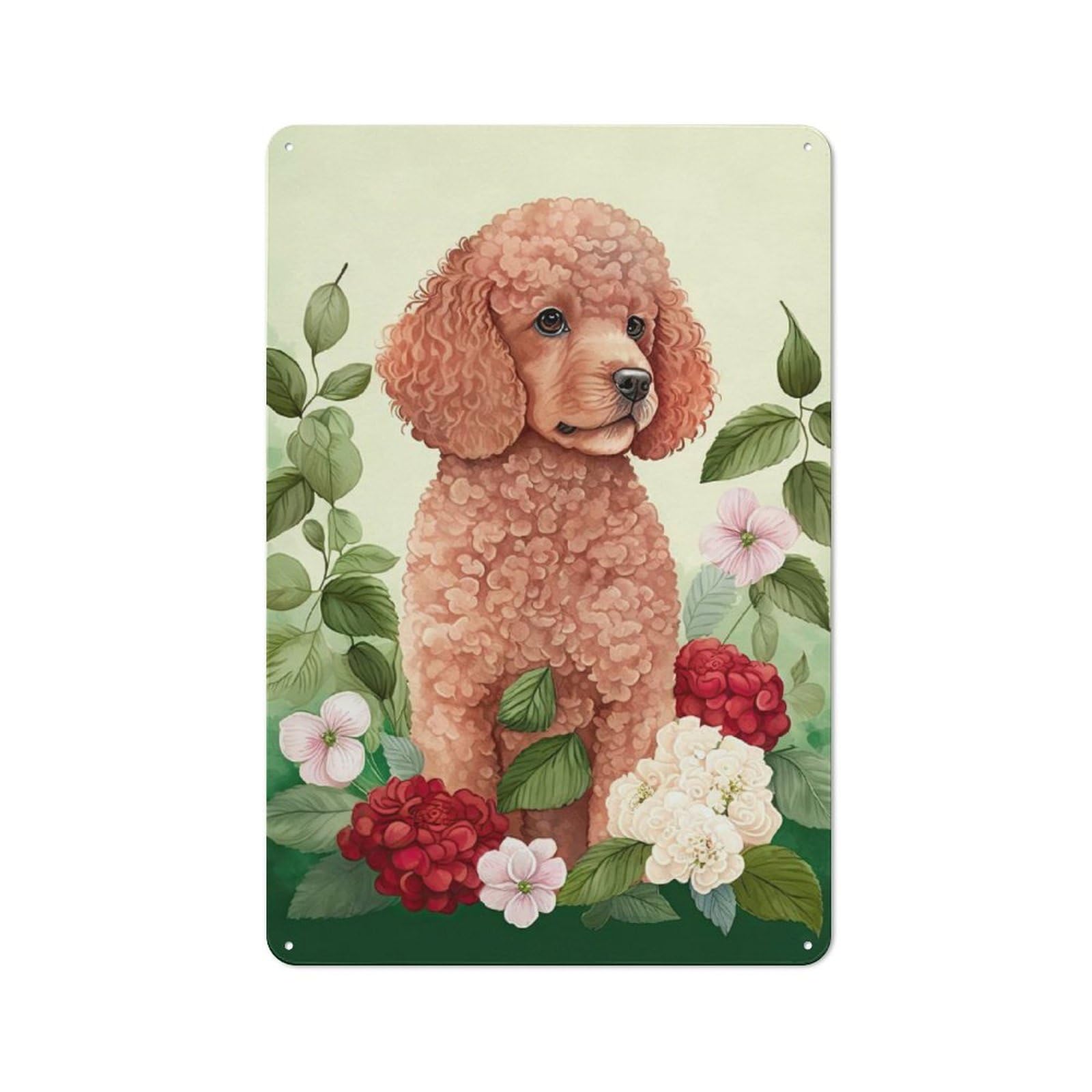 Junmoney Style-8 Rustic Metal Wall Sign 30X20cm Featuring Poodle Floral Portrait For Pub Or Café, For Vintage Wall Decor Fans, For Metal Sign Collectors