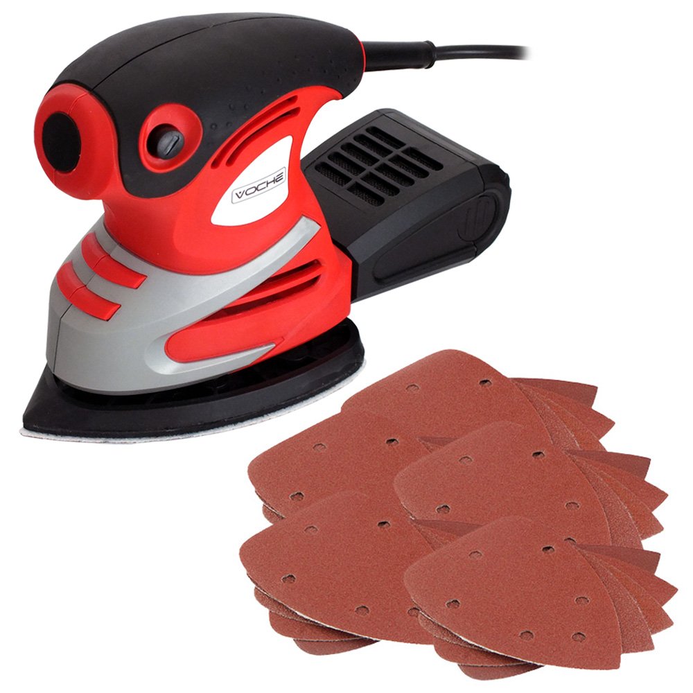 Voche® 200W Tri-Palm Detail Sander with 25 Hook & Loop Sanding Sheets and Dust Collection Box