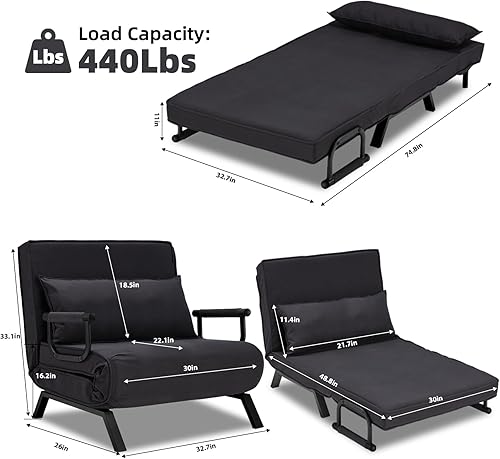Miniatura 51 de Sillón convertible para cama, sillón tapizado de tres pliegues con almohada, sofá plegable de ocio con respaldo ajustable de 6 ángulos, cama