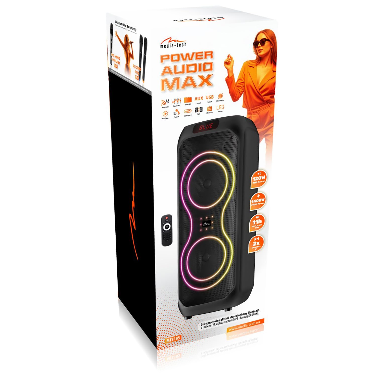 Głośnik karaoke Bluetooth 120 W RMS POWER AUDIO MAX MT3185 przenośny podwójny 8-calowy RGB TWS USB microSD AUX BT 5.3 Głośnik 11 godzin pracy baterii pilot zdalnego sterowania wyświetlacz LED