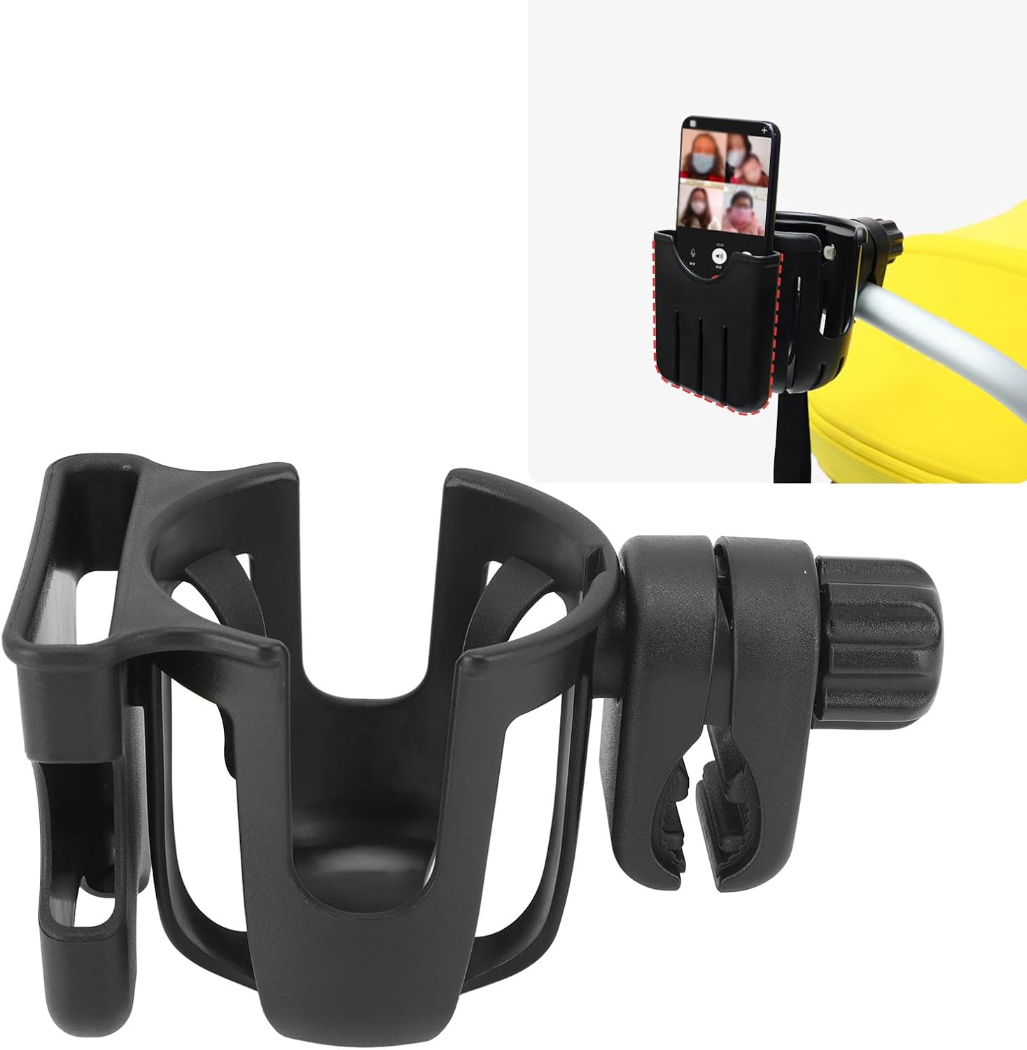 Garosa 2 in 1 Baby Cart Stroller Cup with Cellphone Holder Universal Hollow Out Black Multifunction Stroller Cup Holder Bike Cup Holder 360 Degrees Rotation Stroller Accessories
