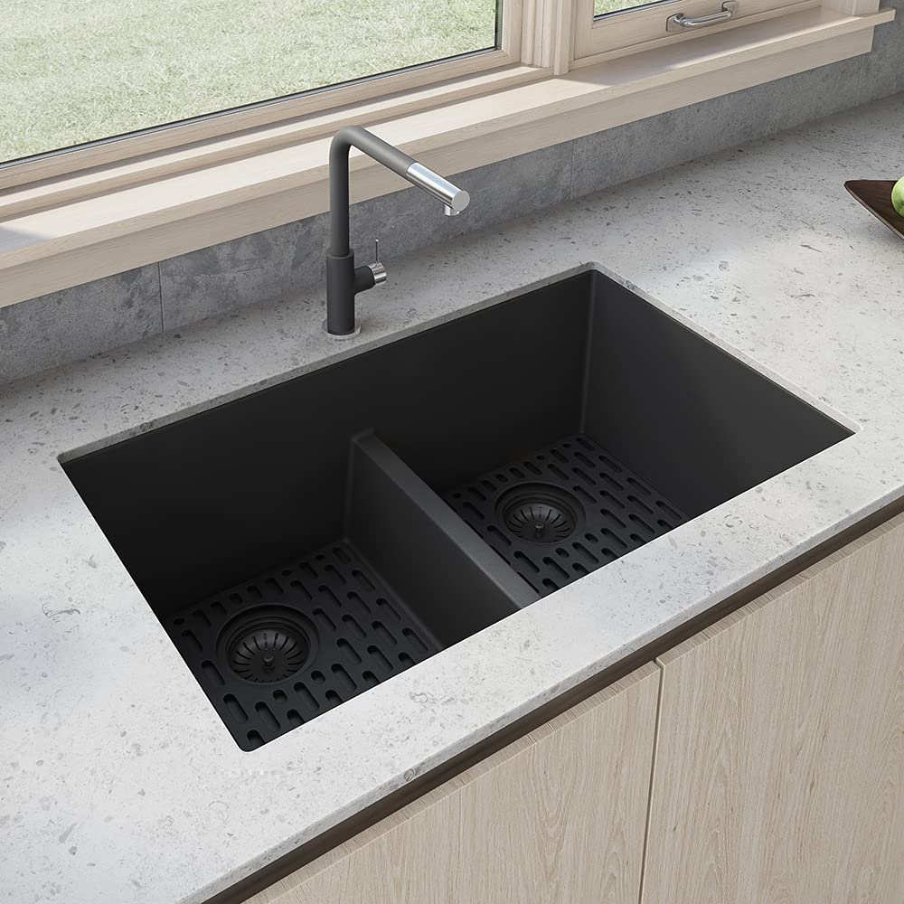 Ruvati Black Kitchen Sink Granite Composite Undermount Double Bowl 33 x