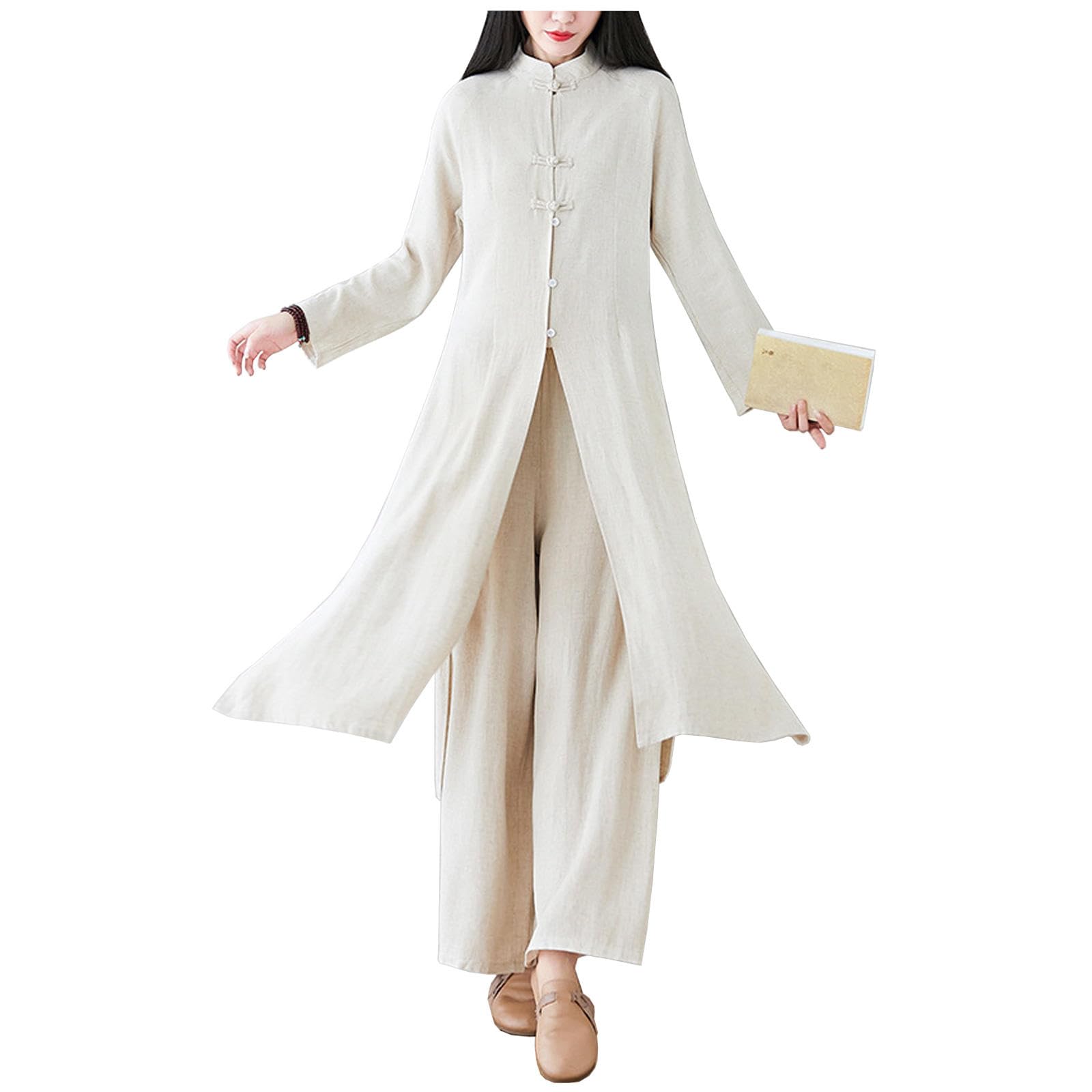 Tai-Chi-Anzug für Damen, Traditionelle Chinesische Zen-Meditationsuniform, Baumwolle und Leinen, Lange Ärmel, Kung Fu für Kampfsport, Qigong,Beige-XXL