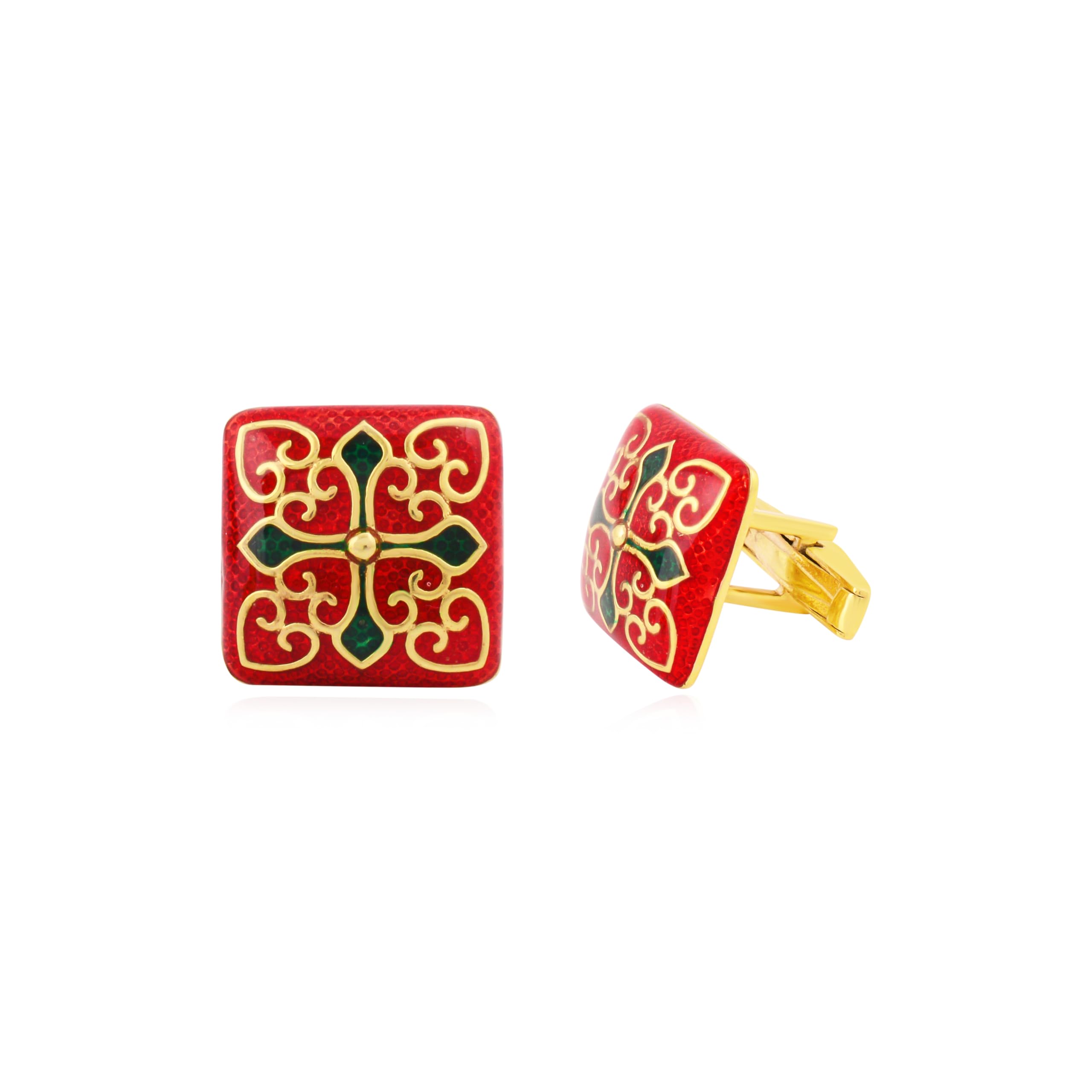Red And Green Enamel Square Cufflinks - Sterling Silver Flower Pattern Design For Elegant Men's Accessories-image-20