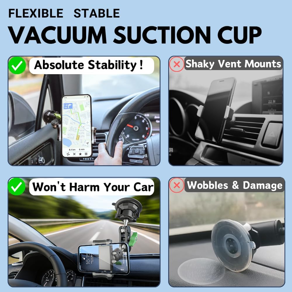 Suction Cup Phone Mount, Ultra-Stable Phone Holder for Vlog Shooting, 360 Rotation for Windshield, Roof Glass, Car Window, Fit for All Smartphones - Image 3