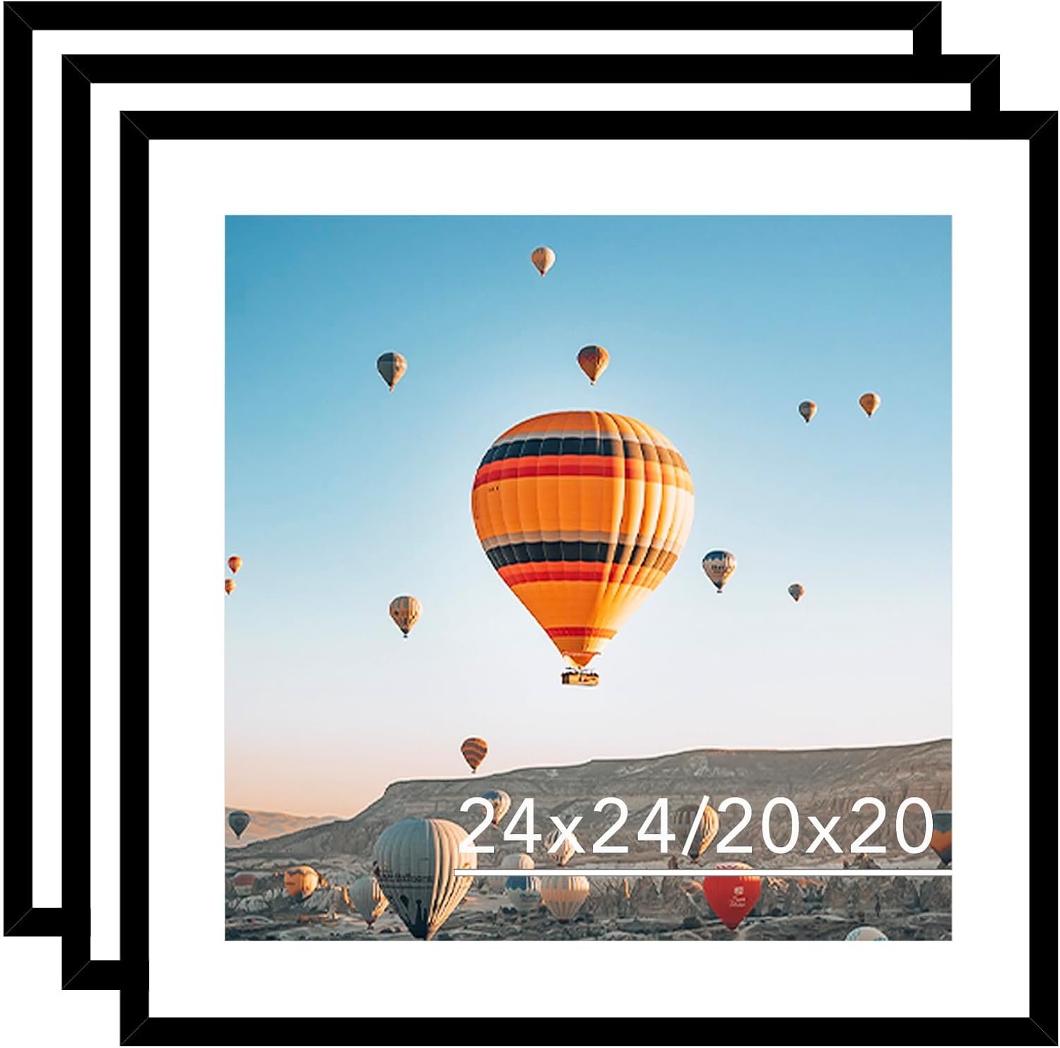 24x24 Picture Frame Set of 3 Black with 20x20 Mat, Display Photo 20x20 with Mat or 24 x 24 Without Mat, Wall Hanging Large 24x24 Poster Frame with Shatter Resistant Plexiglass, 3 Pack, Black Black 24x24 inch