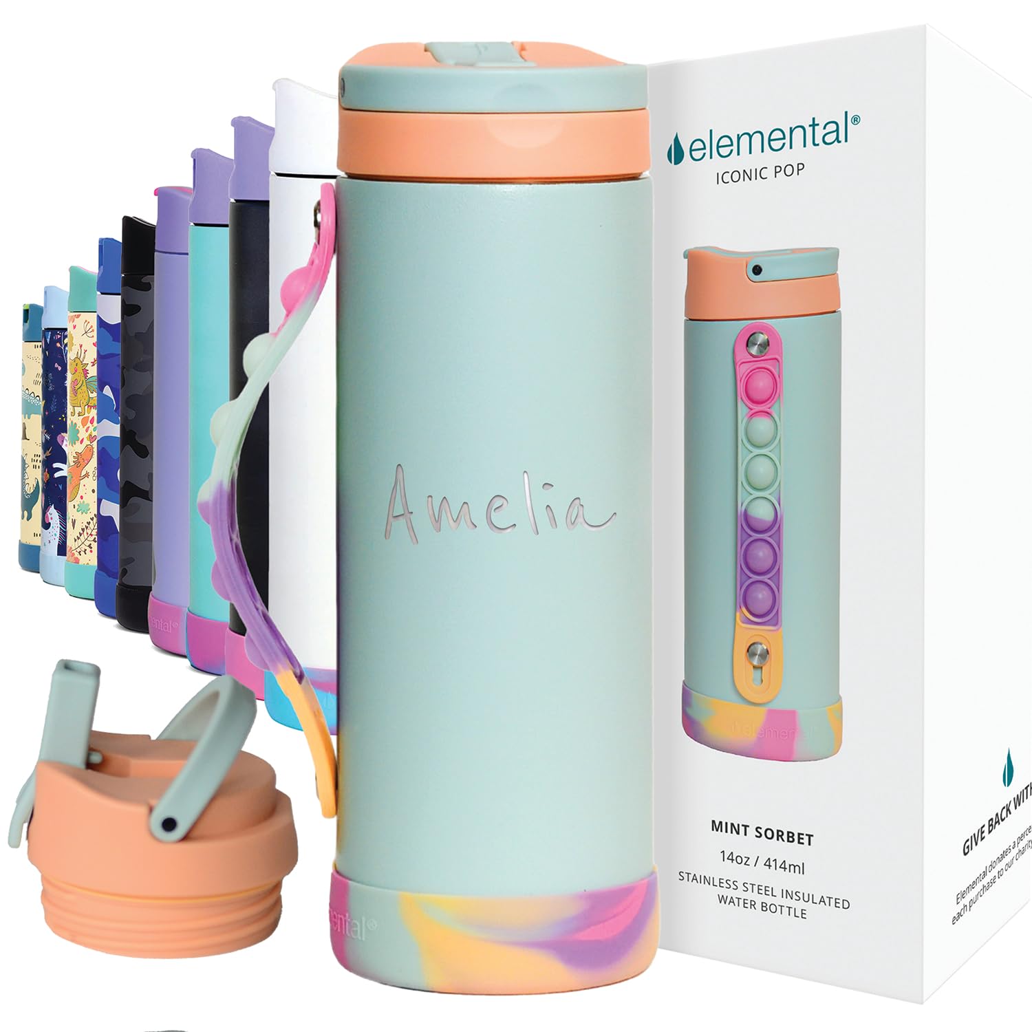 Elemental Iconic Kids Personalized Water Bottle with Straw Lid & Stress Relief Pop It Handle, Custom Triple Insulated Kids Stainless Steel Water