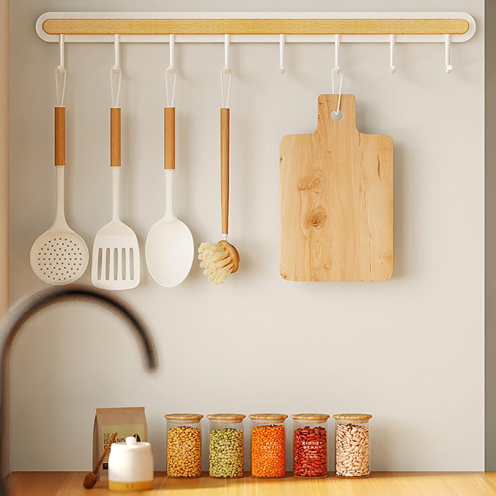 Perchero de pared para utensilios de cocina, sin taladro, barra de hierro para colgar cucharas, tablas de cortar y sartenes, 33 cm con 6 ganchos, elegante solución de almacenamiento blanca