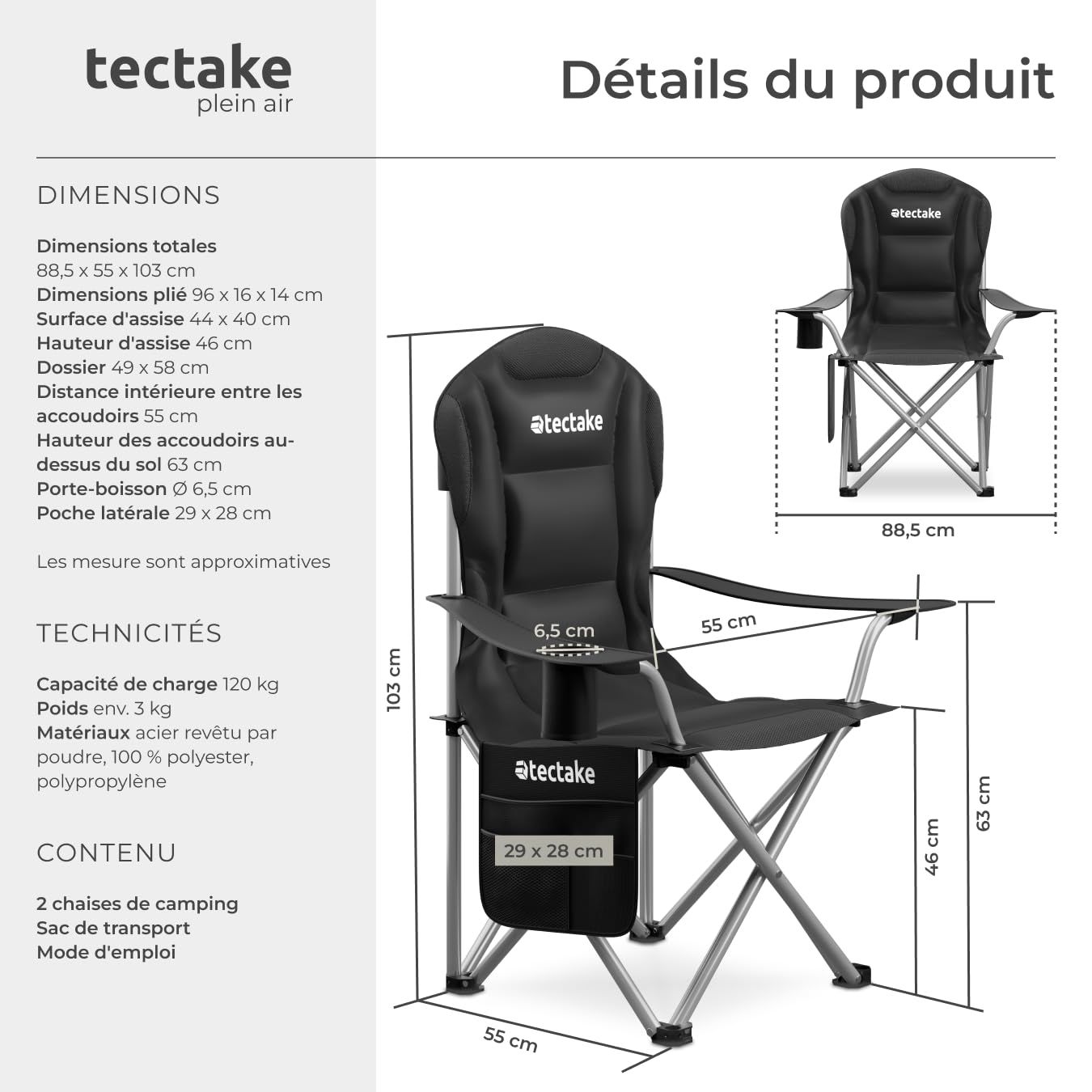 tectake® Lot de 2 Chaise Pliante Camping Fauteuil Pliable Ultra léger Rembourrage en Mousse avec Porte Gobelet & Sac de Transport, idéal Chaise Camping Voyages, Pêche, Festival, Plage