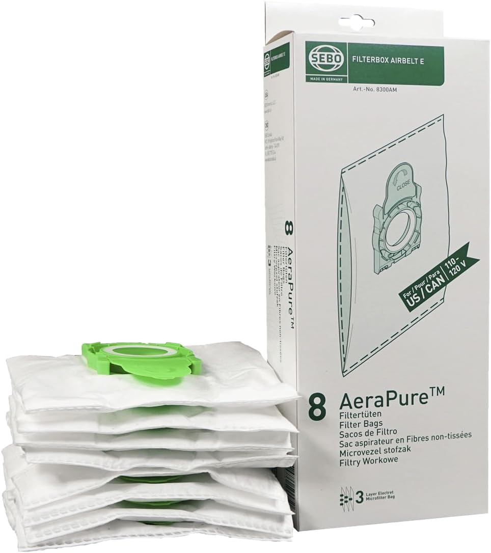 SEBO Filter Bag Box Airbelt E, 8 Three-Layer Ultra Bags with caps #8300AM