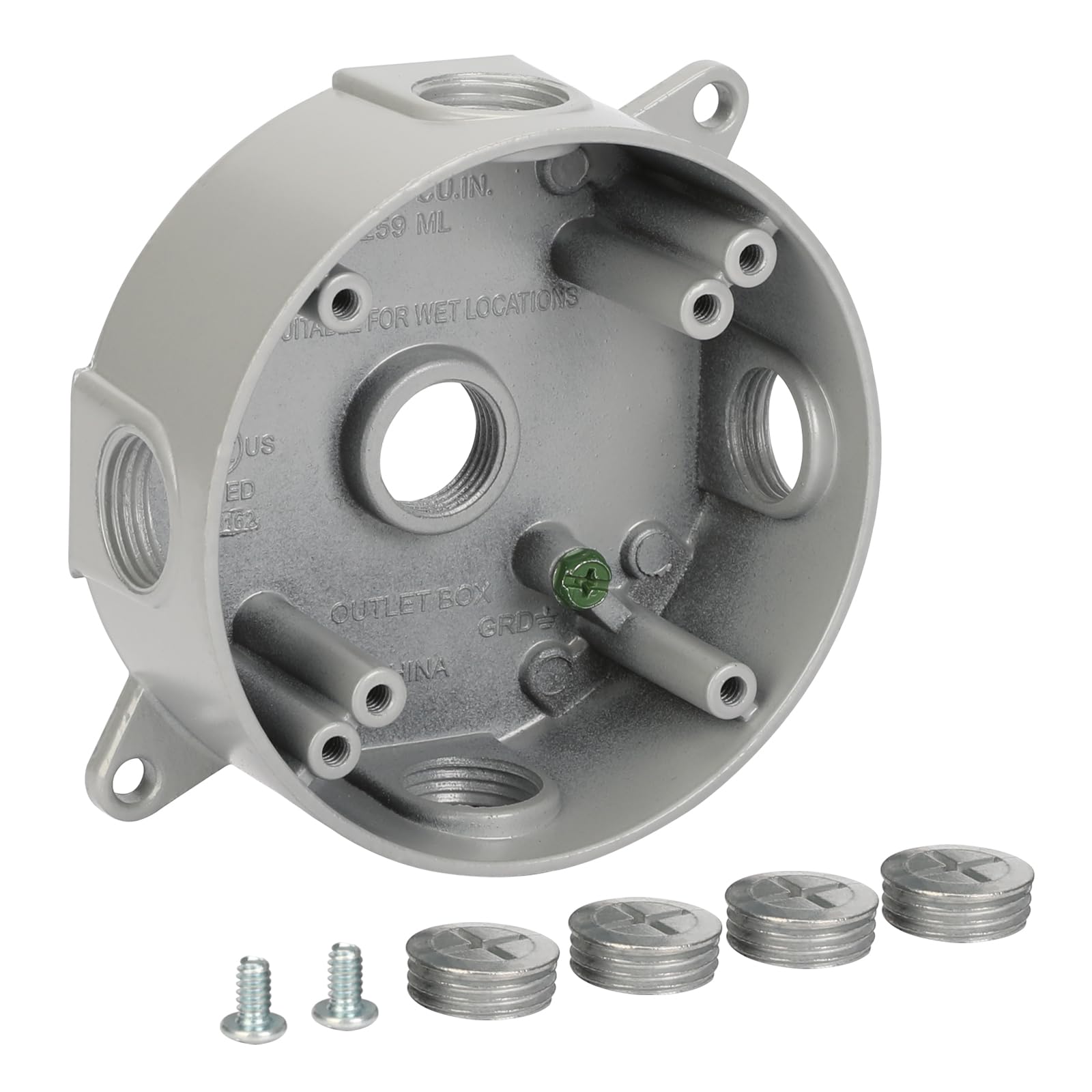 XGGYA Round Weatherproof Electrical Box,5 Hole 1/2-Inch Surface Mount Outlet Box,Aluminum Construction Gray Round Electrical Outlet Box,CUL Listed,Used in Branch Circuit Wiring(1 Pack)