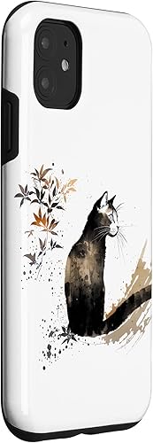 Miniatura 3 de iPhone 11 lindo gato hojas de bambú Sumi-e pintura arte japonés Neko caso