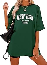Dresswel Oversized T Shirt Damen New York Brief drucken Vintage T-Shirt Kurzarm Rundhals Sommer Oberteile Lose Bluse Lang Tunika Top für Teenager Mädchen