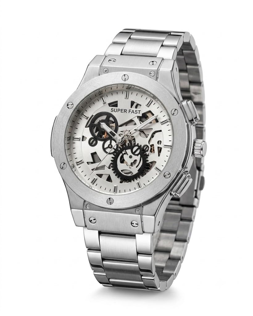 Super Fast Men's Automatic Skeleton Analog Watch | Silver Stainless Steel Strap | Mechanical Luxury Wrist Watch with Open Gear Dial | Premium Fashion Watch for Men-image-34