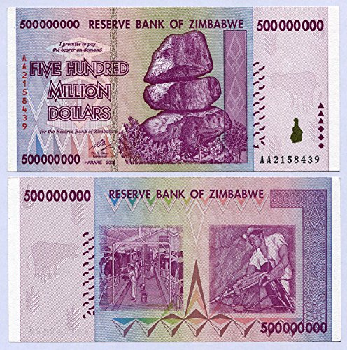 Zimbabwe 500 Million Dollars x 10 Notes 2008 UNC, World Inflation Record, Currency banknotes