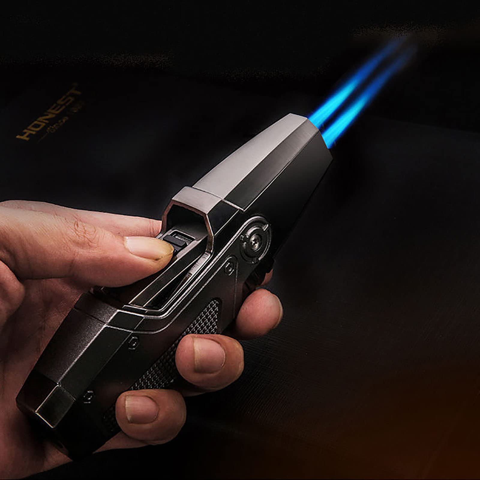 Encendedor de Cigarros Jet Torch Recargable de Butano 2 Encendedor de Llama Azul a Prueba de Viento con Bloqueo contra Incendios y Ventana Visible,Gold,135 * 41mm