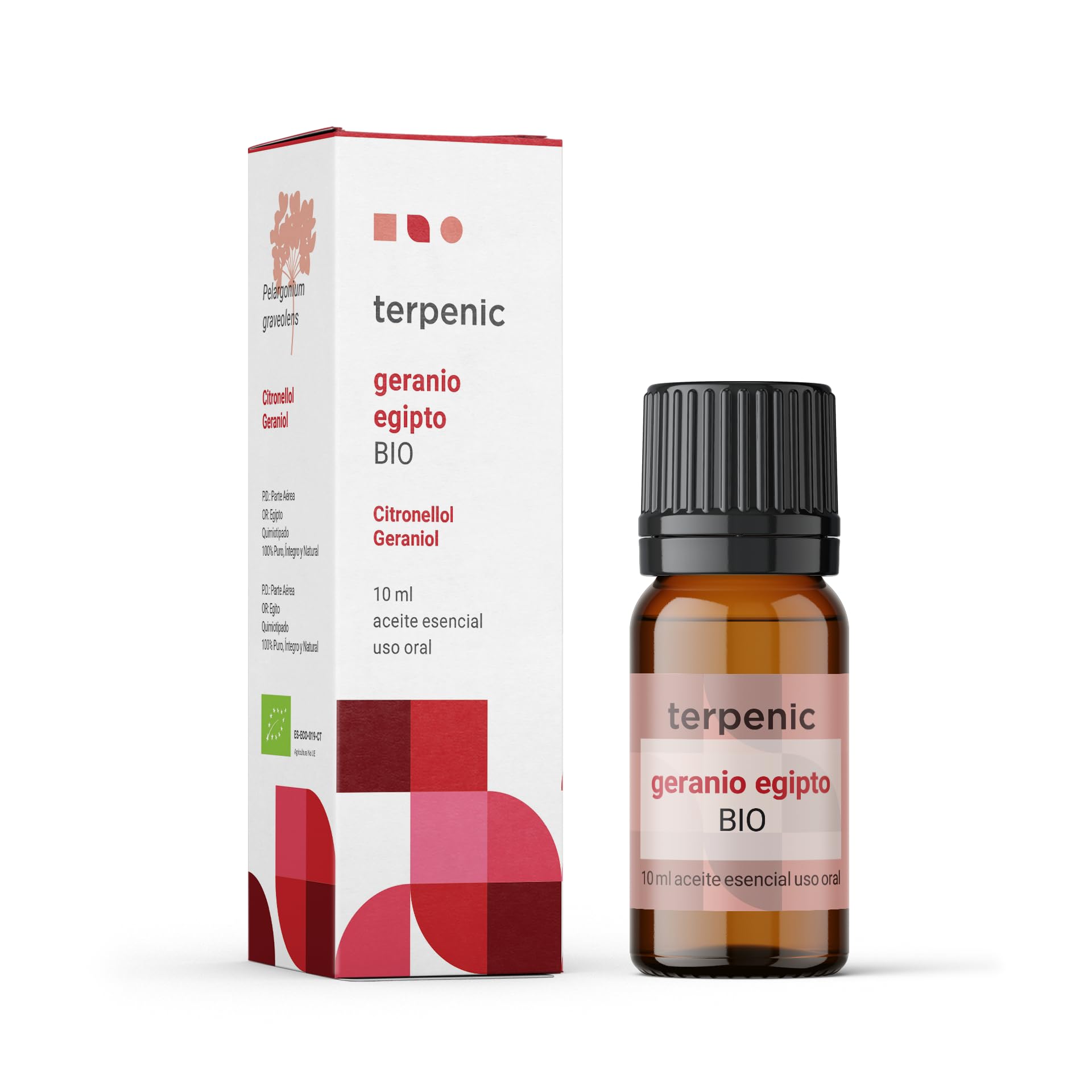 TERPENIC - Aceite Esencial de Geranio Egipto (Pelargonium graveolens) - BIO - 10 ml - Uso Oral - Aroma floral, fresco y equilibrado con notas rosadas
