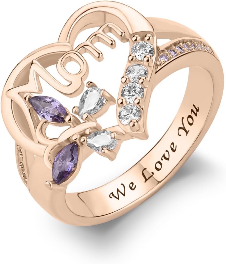 LucySky Personalized Butterfly Mothers Ring with 1-8 Birthstones, Customized Family Birthstone Rings, Customized Anniversary Promise Rings for Women Grandma Mom