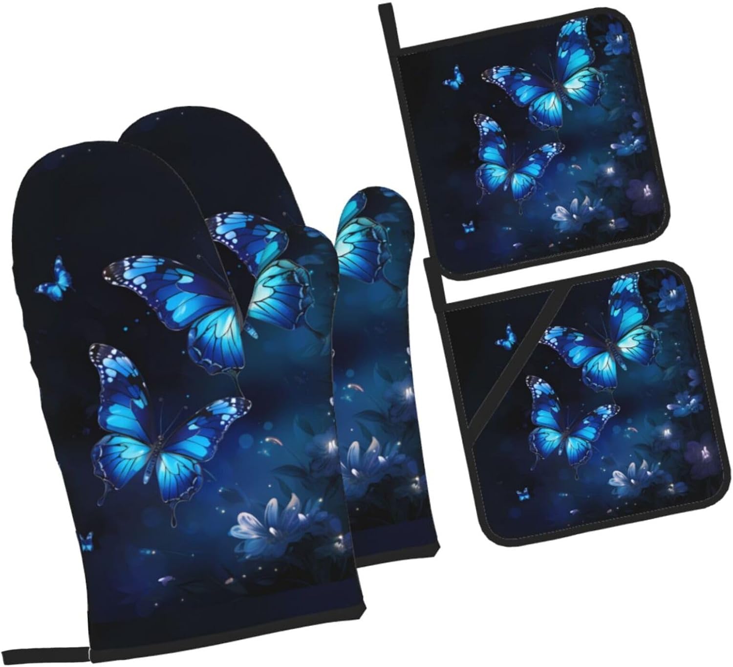 (Dark Blue Butterflies Print) Baking 4-Piece Set: 2 Oven Mitts and 2 Pot Holders Heat Resistant Waterproof Hanging Loop for Kitchen Oven Grill Housewarming Gifts