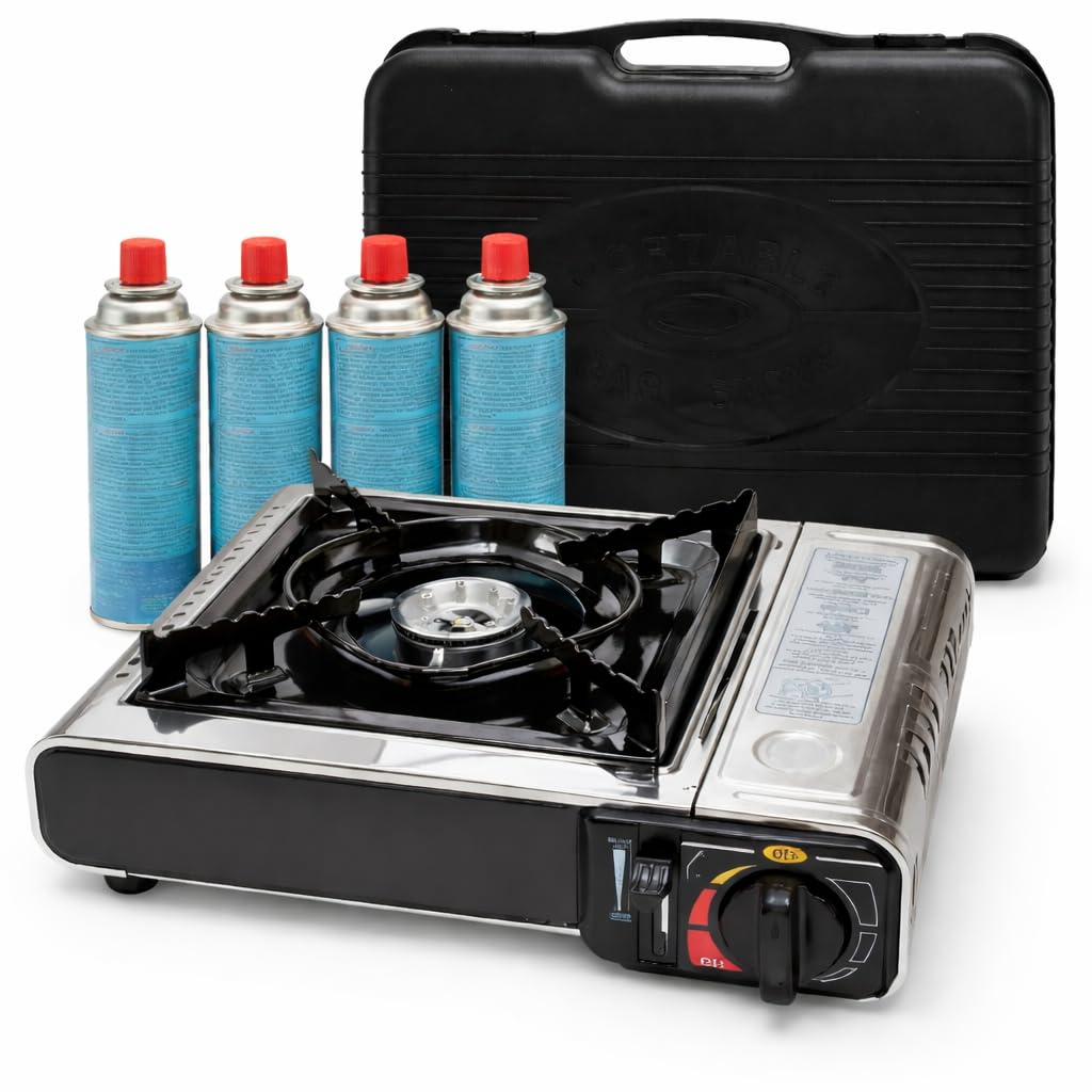 Camping Gas Portatil con Bombona, Pack Hornillo + 4 Cartuchos, Cocinal, Infernillo, Fogareiro, Hornillo Camping Gas Portátil.