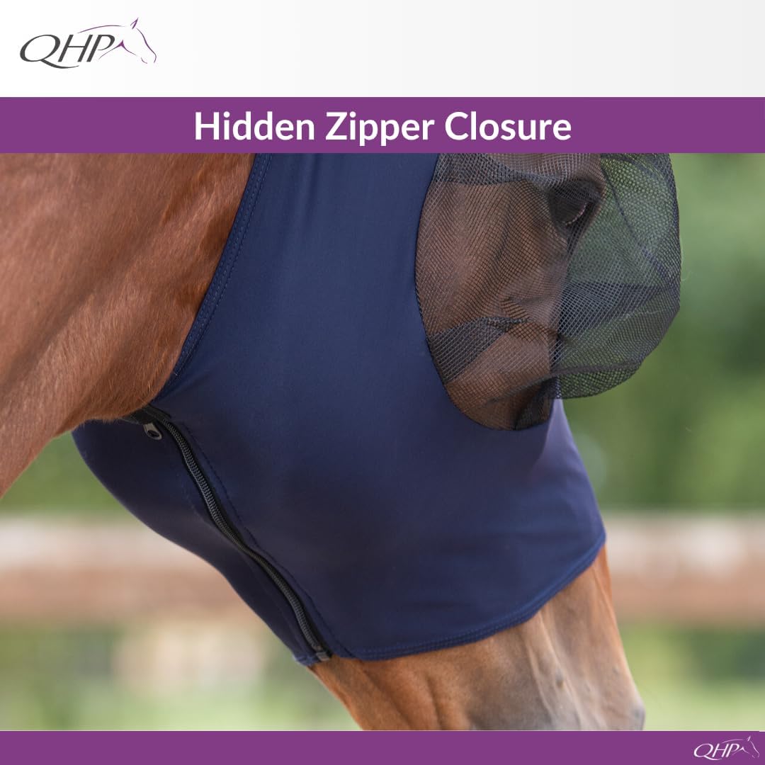 QHP Fly Mask for Horses with Zipper | Breathable Mesh Eyes & Ears | Stretch Comfortable Fit | Cob and Full Sizes (Zebra)