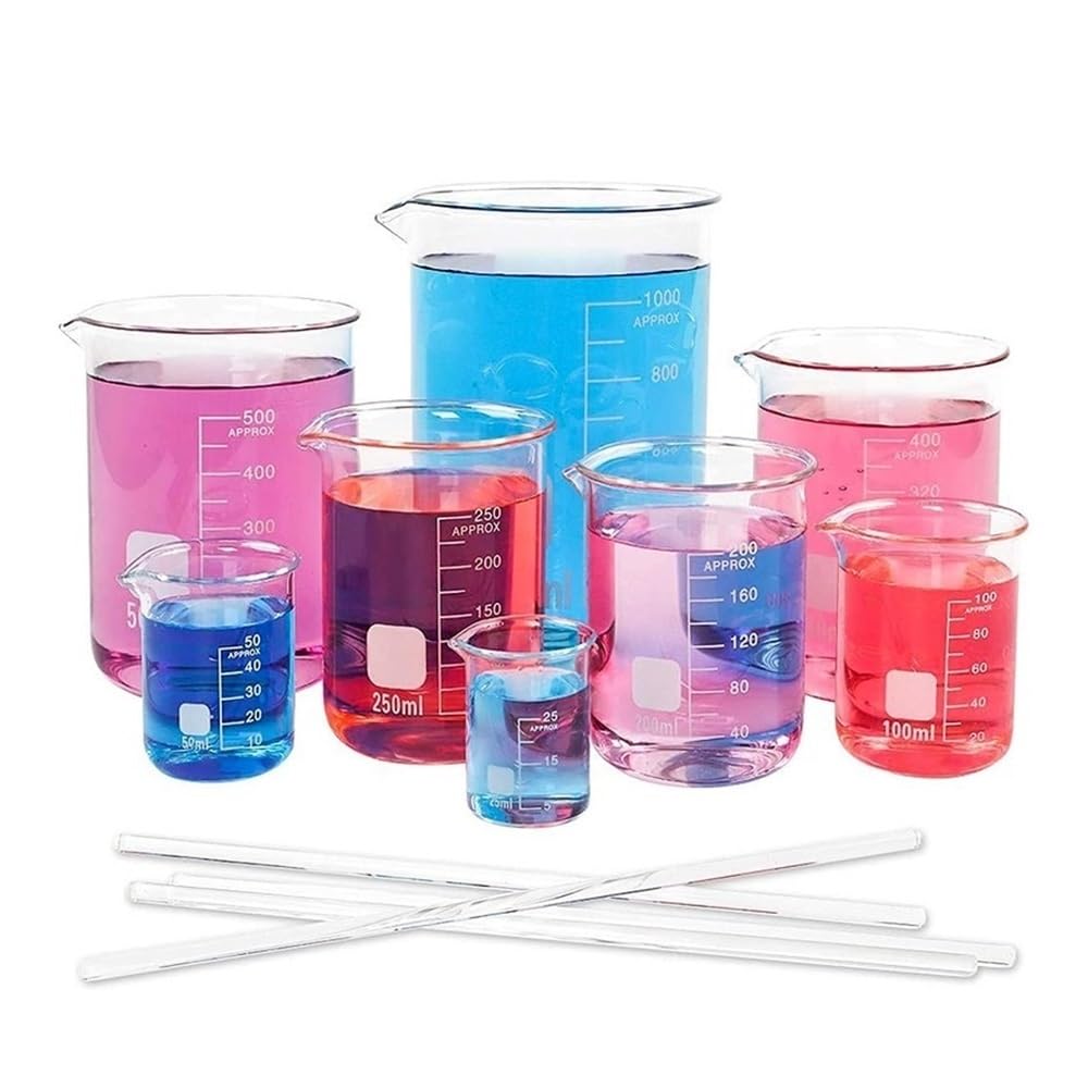 Set 8 Becher Vetro Graduati Forma Bassa 25/50/100/1000Ml Parete Spessa | 200ml, 250ml, 400ml, 500ml Tipi di becher, con bacchette agitanti