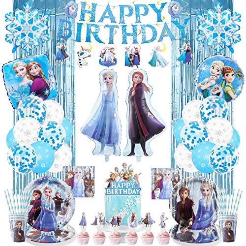 94 Stück Frozen Partygeschirr Set, Elsa Geburtstagsparty Deko mit Tischdecke Teller Tassen, Ballons zum Geburtstag Banner Tortendekoration, Frozen Geburtstagsdeko Party für 10 Personen Cover