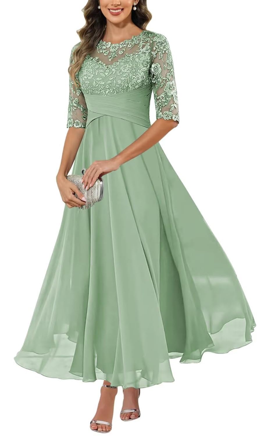 Kiyne Women's Sage Green Mother Of The Bride Dresses For With Sleeves Lace Applique Chiffon Wedding Guest Dress Formal Gown Uk14