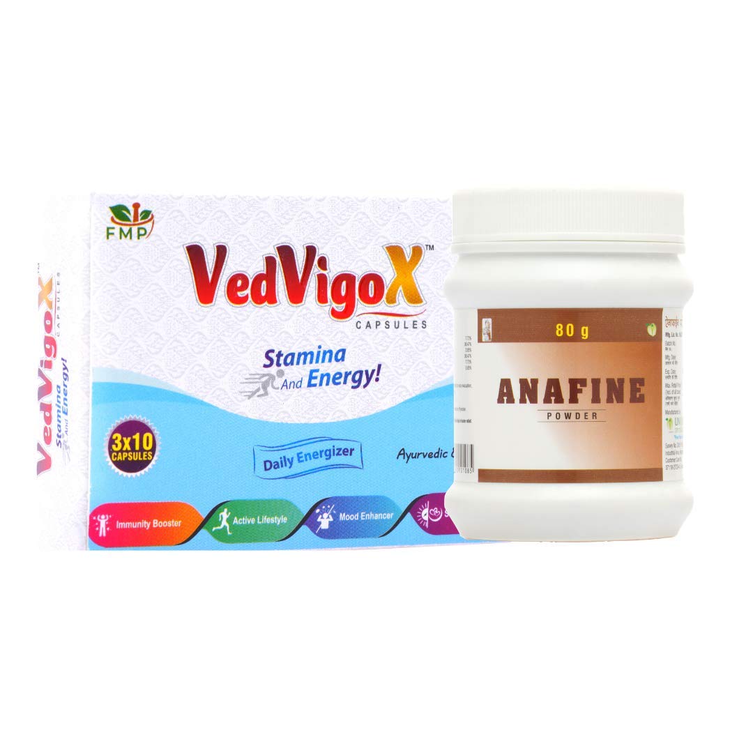 Ayurvedic and Herbal Combo Pack of 2 VedVigoX Capsules & Anafine Powder Useful to Boost Stamina, Relief Anxiety & Depression, Enhance Digestion & Constipation Problems