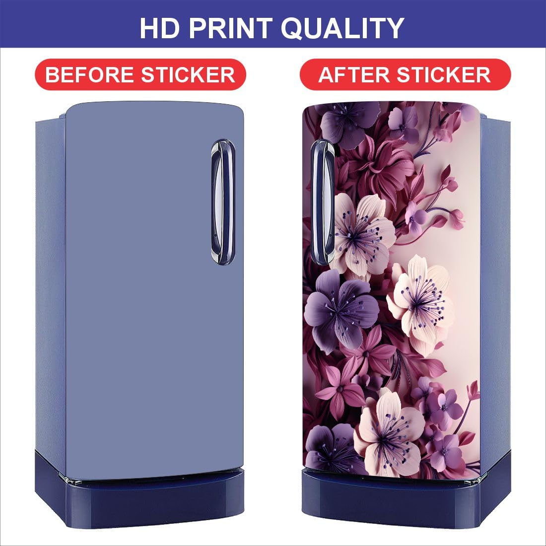 3D Floral Single Door Fridge Sticker | Waterproof Self-Adhesive Vinyl Refrigerator | Door Wrap for Kitchen Decor | Peel & Stick Fridge Sticker (24X48 Inch) (Purple Floral) 2