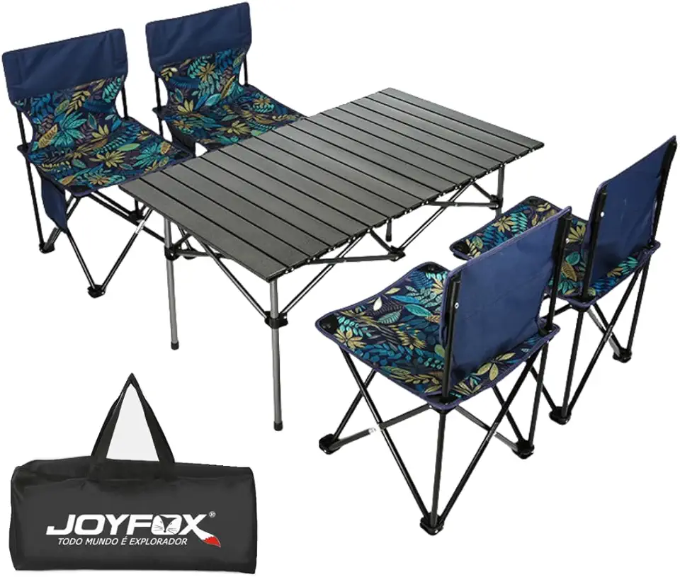 Kit Mesa Dobrável 120cm Com 4 Cadeiras Resistente Para Camping Garden Acampamentos Churrascos Piqueniques Caminhadas Pesca (Preto)