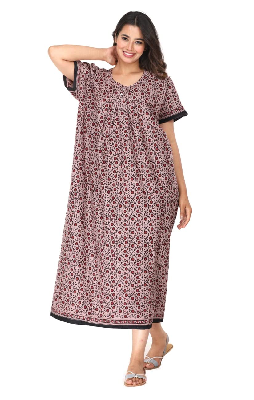 Brand Women's Cotton Night Dress Flower Printed Ankle Length Night Gown Maxi | Nighty | Round Neck 2383 (Free Size)