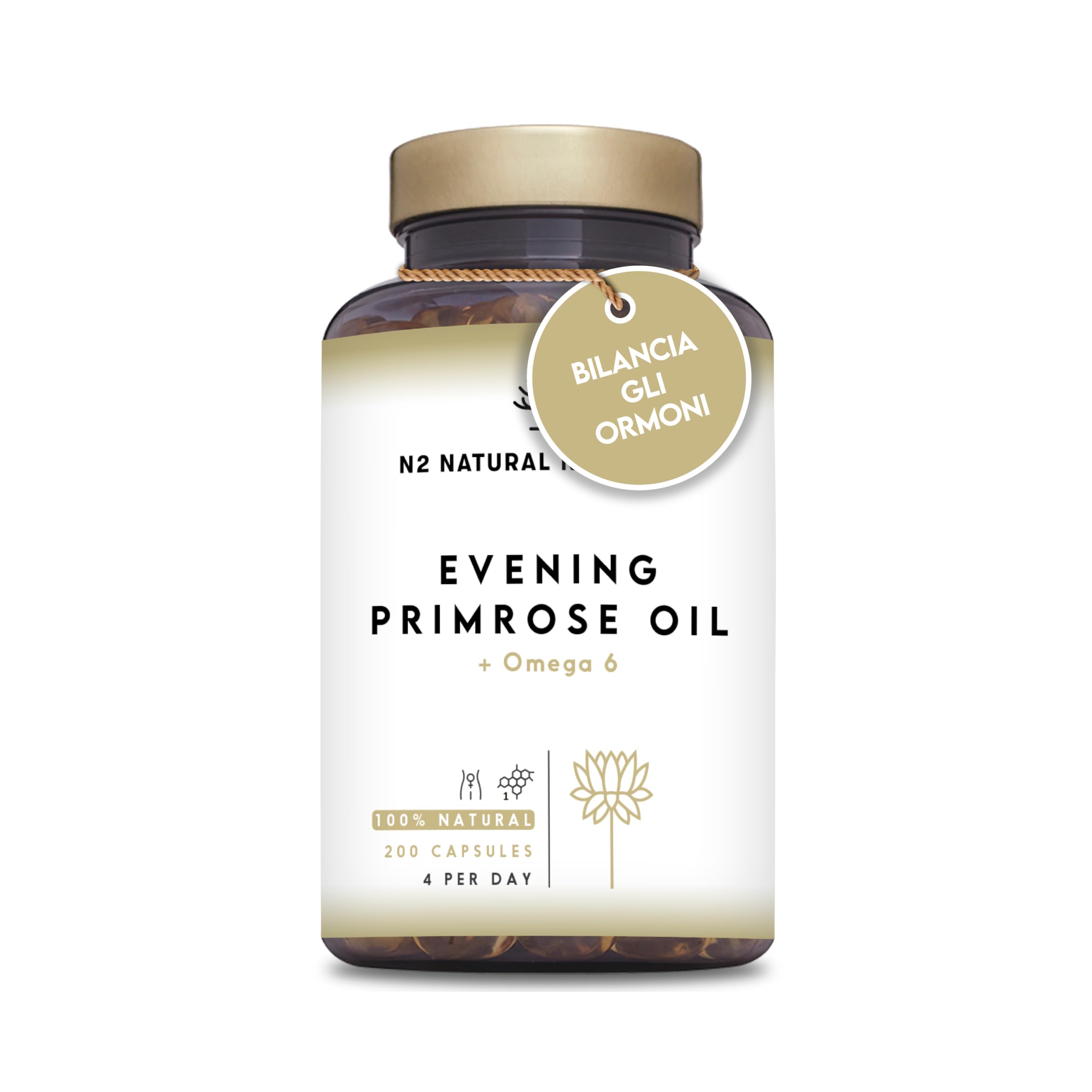 Olio di Enotera 200 Perle 2000 mg 10% GLA con Vitamina E e Omega 6. Equilibrio Ormonale. Integratore Menopausa e Sindrome Premenstruale. Antiossidante Per la Pelle, e Capelli. N2 Natural Nutrition