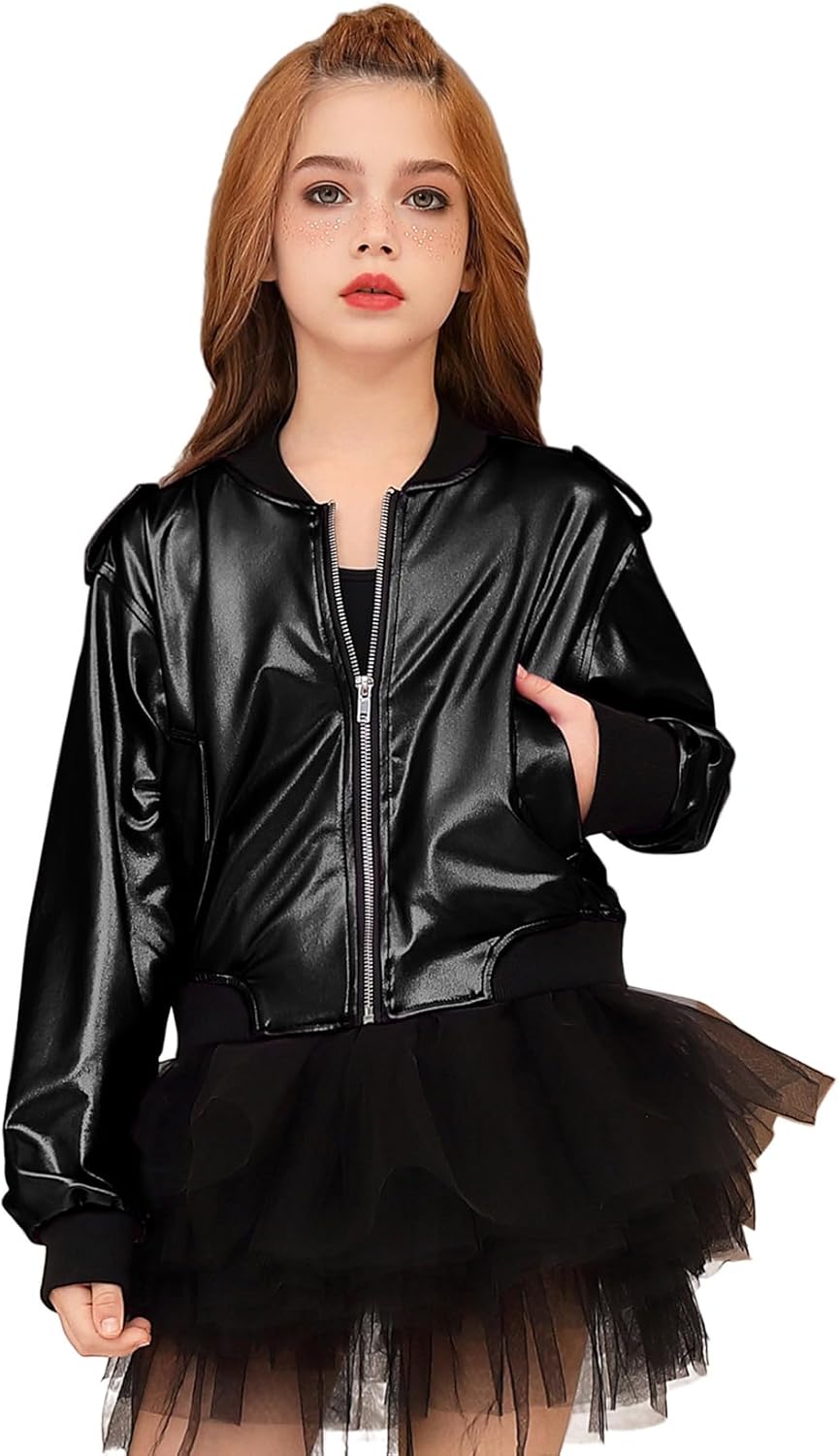 Perfashion Metallic Bomber Jacket for Girls Zip Up Cropped Jacket Sparkly Lightweight Coat Windbreaker with Pockets