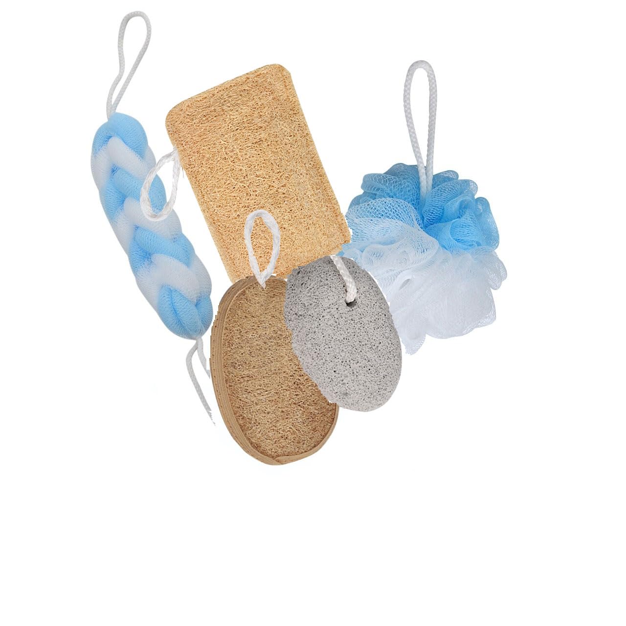Runa Blue Wash Loofah for Bathing Men Women Natural Loofah (Rectangle And Oval) Pumice Stone Foot Scrubber Back Belt Long Scrubber Sponge (Combo of 5) Colour (Blue)