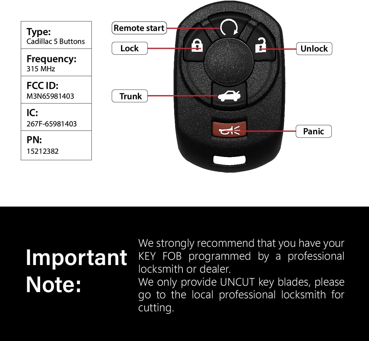 Replacement for 2005 2006 2007 Cadillac STS Key Fob Remote Control M3N65981403 5 Buttons 315MHz