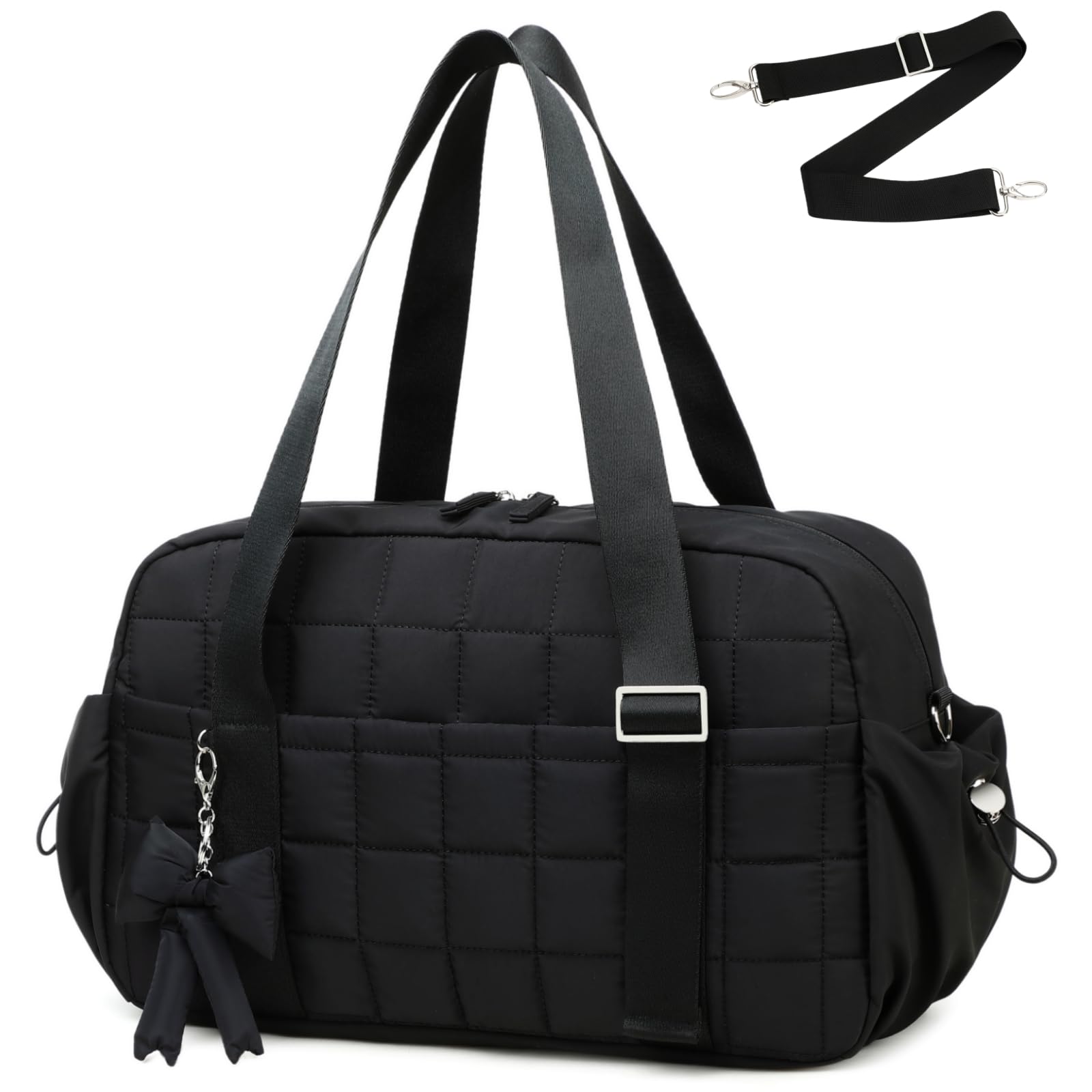 CAMTOP Mini Gym Bag for Women, Small Gym Tote Bag Puffy Quilted Sports Duffel Bag with Wet Compartment and Coin Purse Duffel Bags Dance Yoga Workout Bag for Gifts, Black, Medium-16", Tote