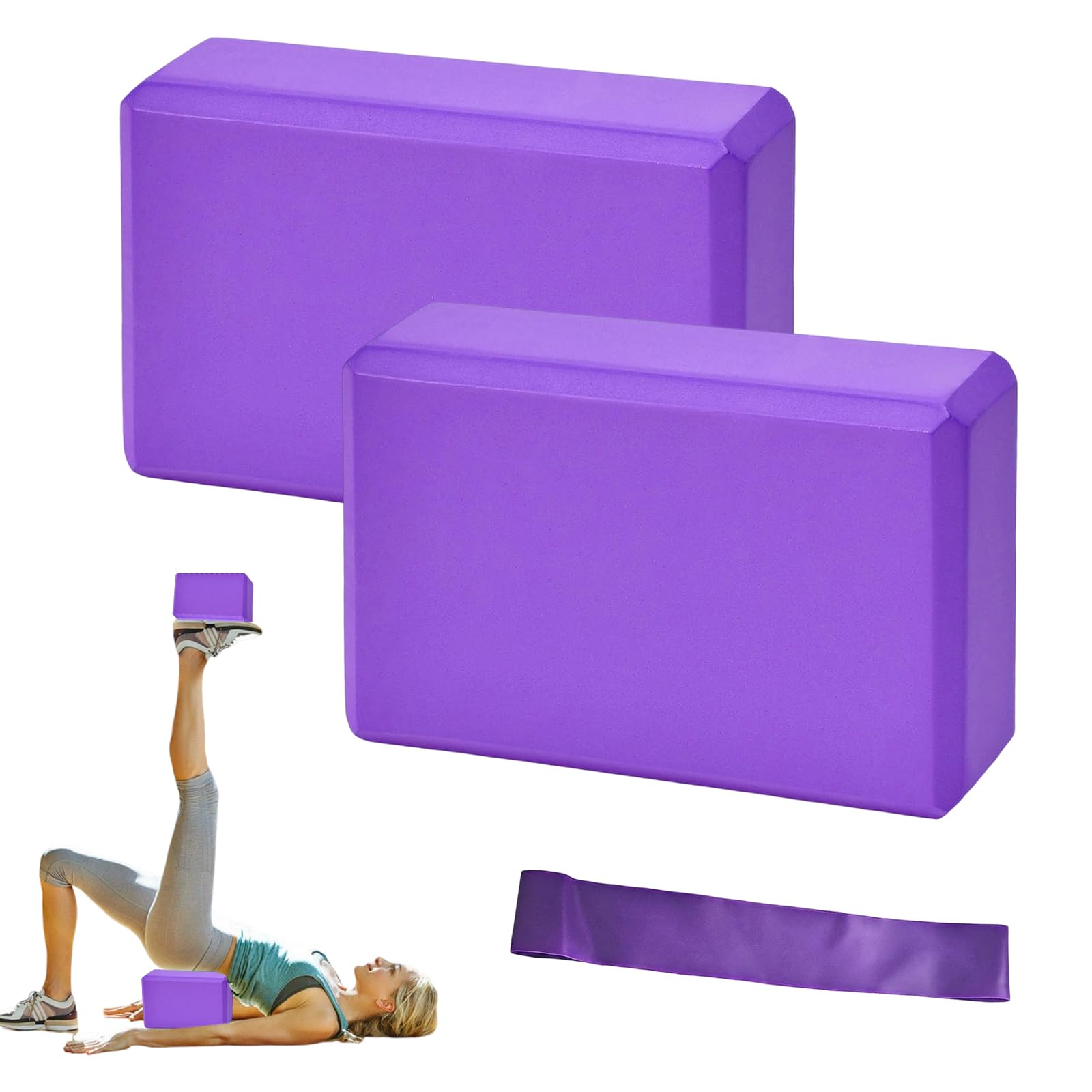 Lot de 2 Brique Yoga Avec Bandes de Fitness, Bloc Yoga Violets EVA | de haute densité bloc de mousse pour pilates étirement méditation accessoires de fitness