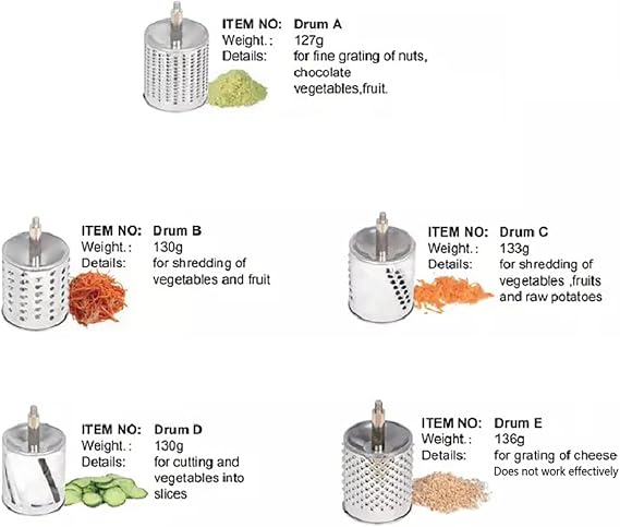 Rotary Cheese Grater, Stainless Steel Manual Vegetable Carrot Grater, Handheld Cheese Shredder Grater Walnuts Grinder with 5 Interchangeable Drum Blades for Chocolate Cheese Vegetables Fruit