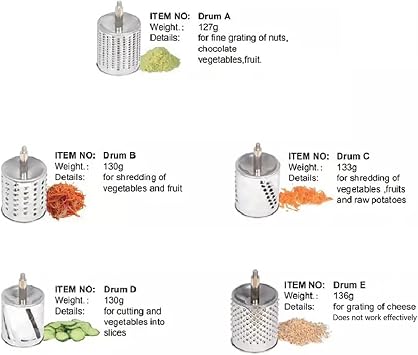 Rotary Cheese Grater, Stainless Steel Manual Vegetable Carrot Grater, Handheld Cheese Shredder Grater Walnuts Grinder with 5 Interchangeable Drum Blades for Chocolate Cheese Vegetables Fruit