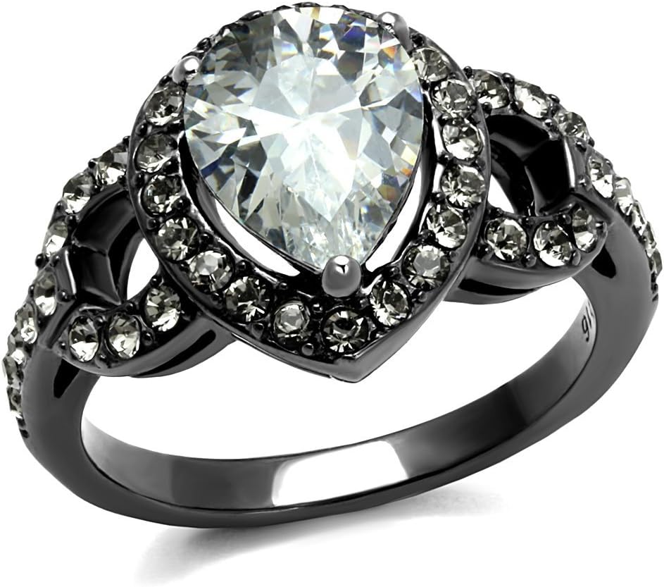 Marimor Jewelry Women's 3.72 Carat Pear Cut Cubic Zirconia Light Black Ion Plated Stainless Steel Halo Engagement Ring