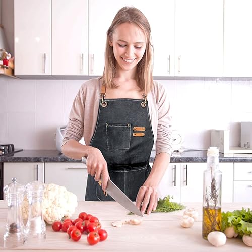 Miniatura 45 de Delantal de lona de algodón con espalda cruzada para hombres y mujeres, delantal de chef con correa ajustable y bolsillos grandes, delantal de Gris