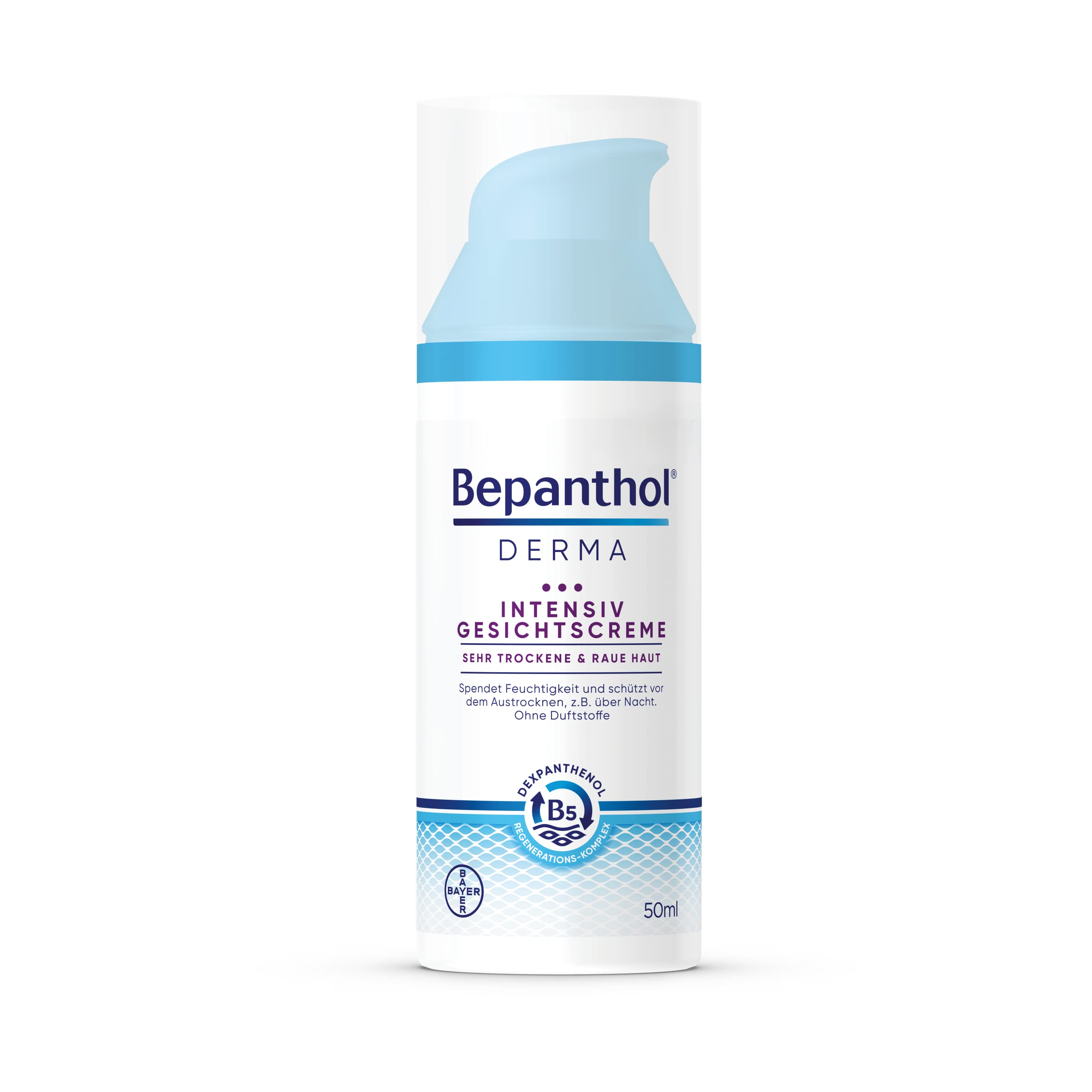 Bepanthol DERMA Intensiv Gesichtscreme, Gesichtspflege für raue und sehr trockene Haut, dermatologisch getestete Feuchtigkeitscreme mit Dexpanthenol, nicht-komedogene Gesichtscreme, 50 ml Pumpflasche