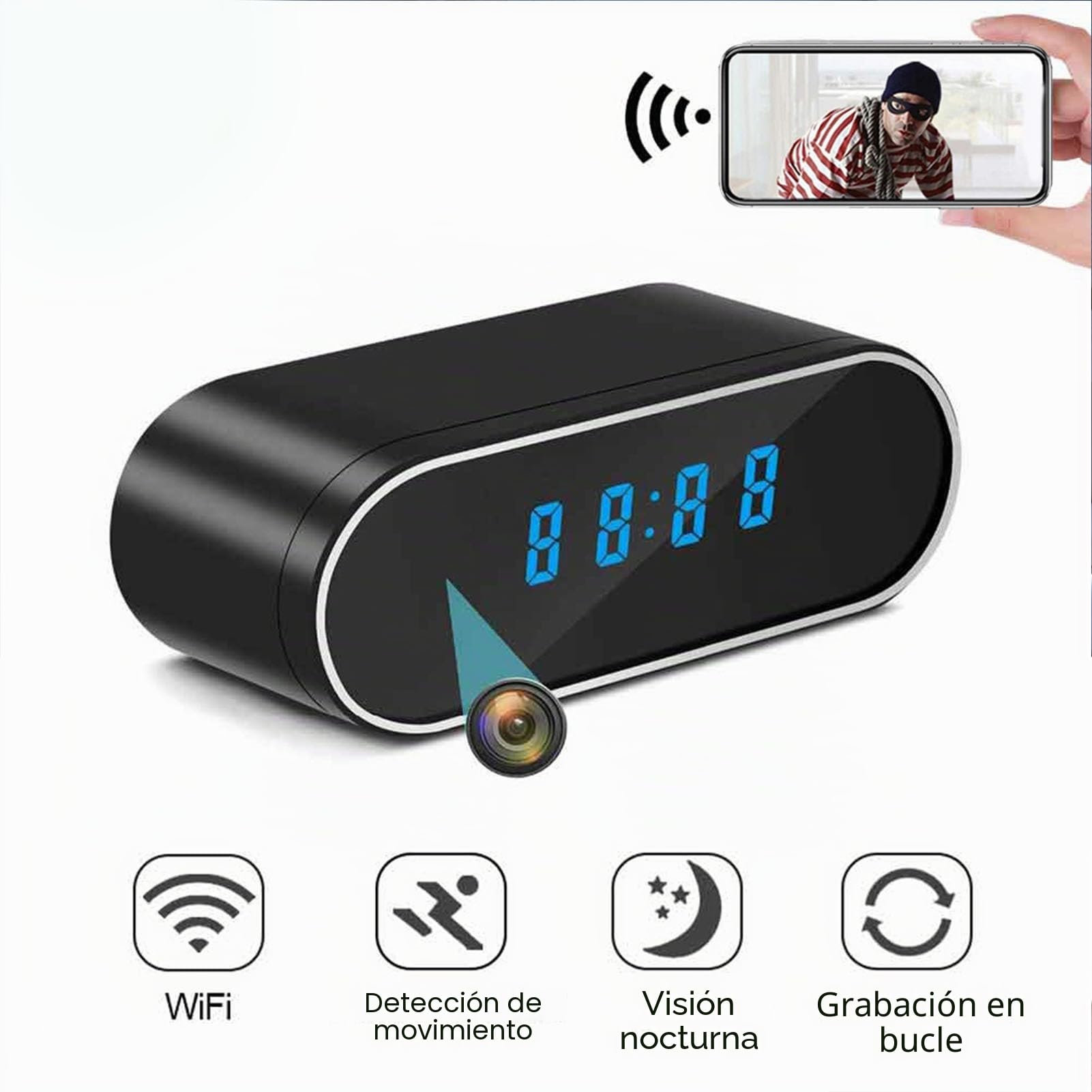 Lazmin112 Reloj con Cámara WiFi, Grabación de Vídeo 4K con Enfoque Automático y Detección de Movimiento, Lente Gran Angular de 130 Grados, Visión Nocturna de hasta 8 M, Batería Integrada