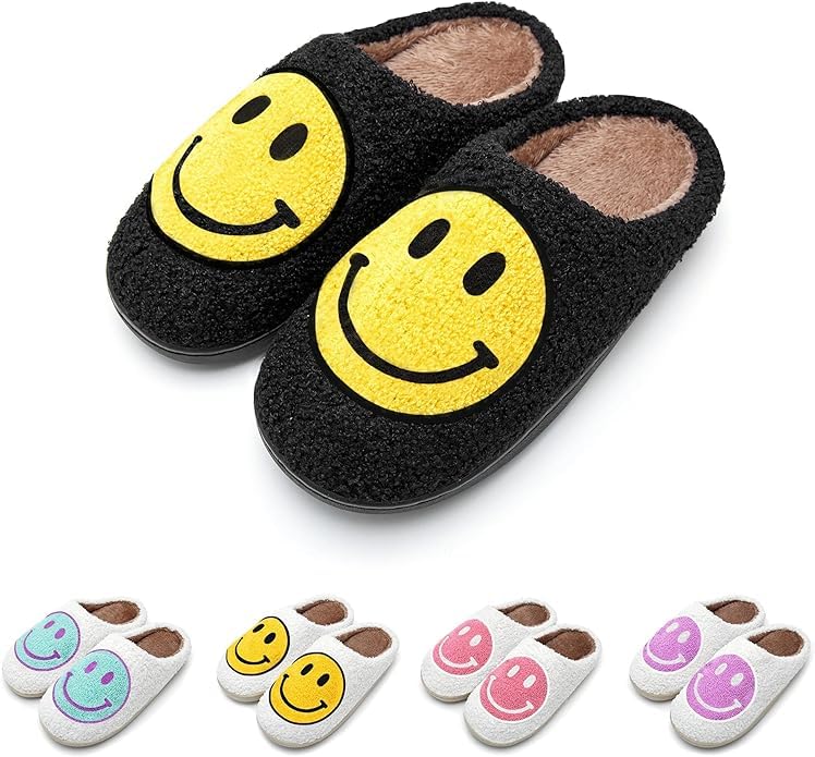 WELLNESSICA 'Smiley Originals' - Smiley Face Slippers for Women, Men & Kids - Ultra Comfy & Warm Faux Fur with Memory Foam, Non-Slip Preppy Slippers for All Ages (Black & Yellow, US Footwear Size