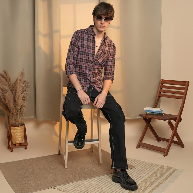 Image of CAHOOT Men's Gingham Shirt | Casual Wear | Spread Collar | Long Sleeve | Button Closure | Shirt Crafted with Comfort Fit for Everyday Wear
