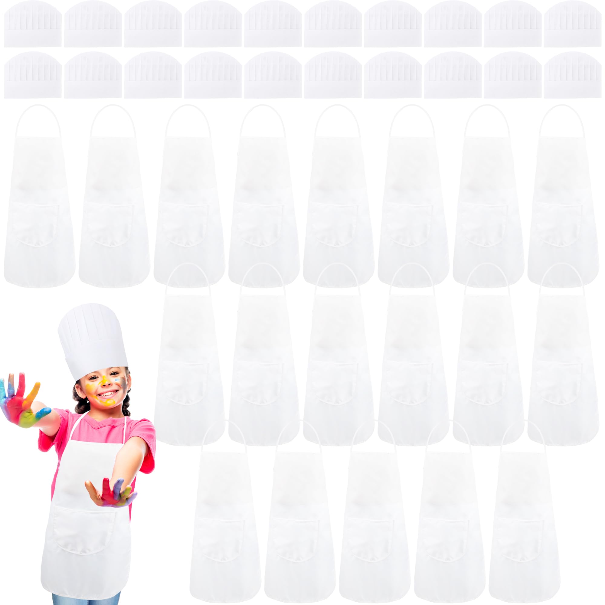 Swakuta 40 Pcs DIY Kids Apron and Chef Hat Set Including 20 Pcs Children White Apron 20 Pcs Adjustable Chef Hat Child White Aprons with Pocket for