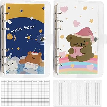 2 Pcs A6 Binder Notebook,Cartoon Bear 6 Ring Loose Leaf Small Diary Journal Planning Notepad Pocket Notebook with Transparent PVC Cover Gift for Kid Christmas Birthday Office School Supplies