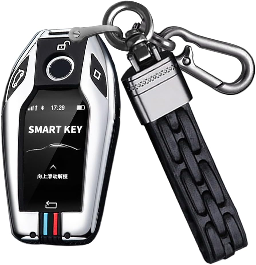 SANRILY Silicone+Zinc Alloy Luminous Smart Key Fob Cover Fit for BMW X3 2022 X5 3 4 5 6 7 Series 750i Z4 M550ix Keyless LCD Display Key Case Holder with Keychain Silver