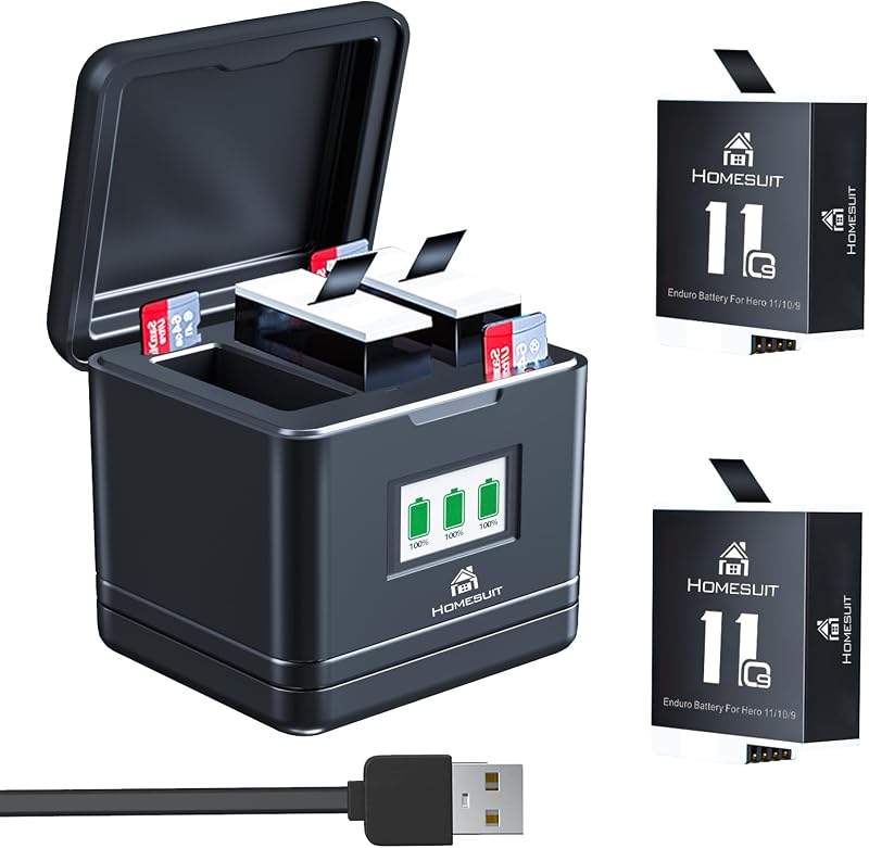 Set 2 acumulatori Homesuit Enduro 1800 mAh cu încărcător LCD cu 3 canale, compatibil cu GoPro Hero 11 Black, Hero 10 Black, Hero 9 Black